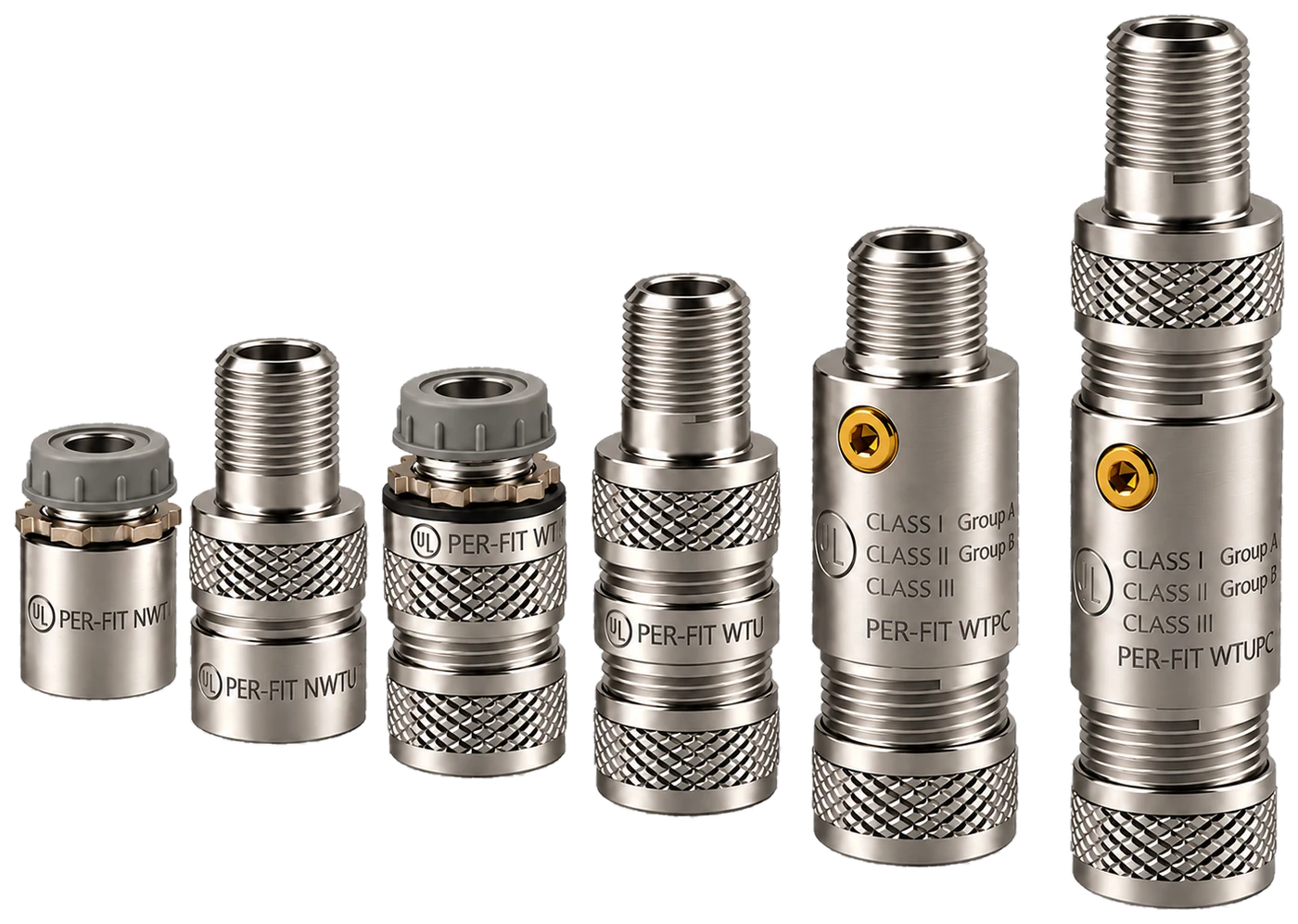 The six PER FIT (PerFit) MC cable connector series side by side: NWT, NWTU, WT, WTU, WTPC and WTUPC